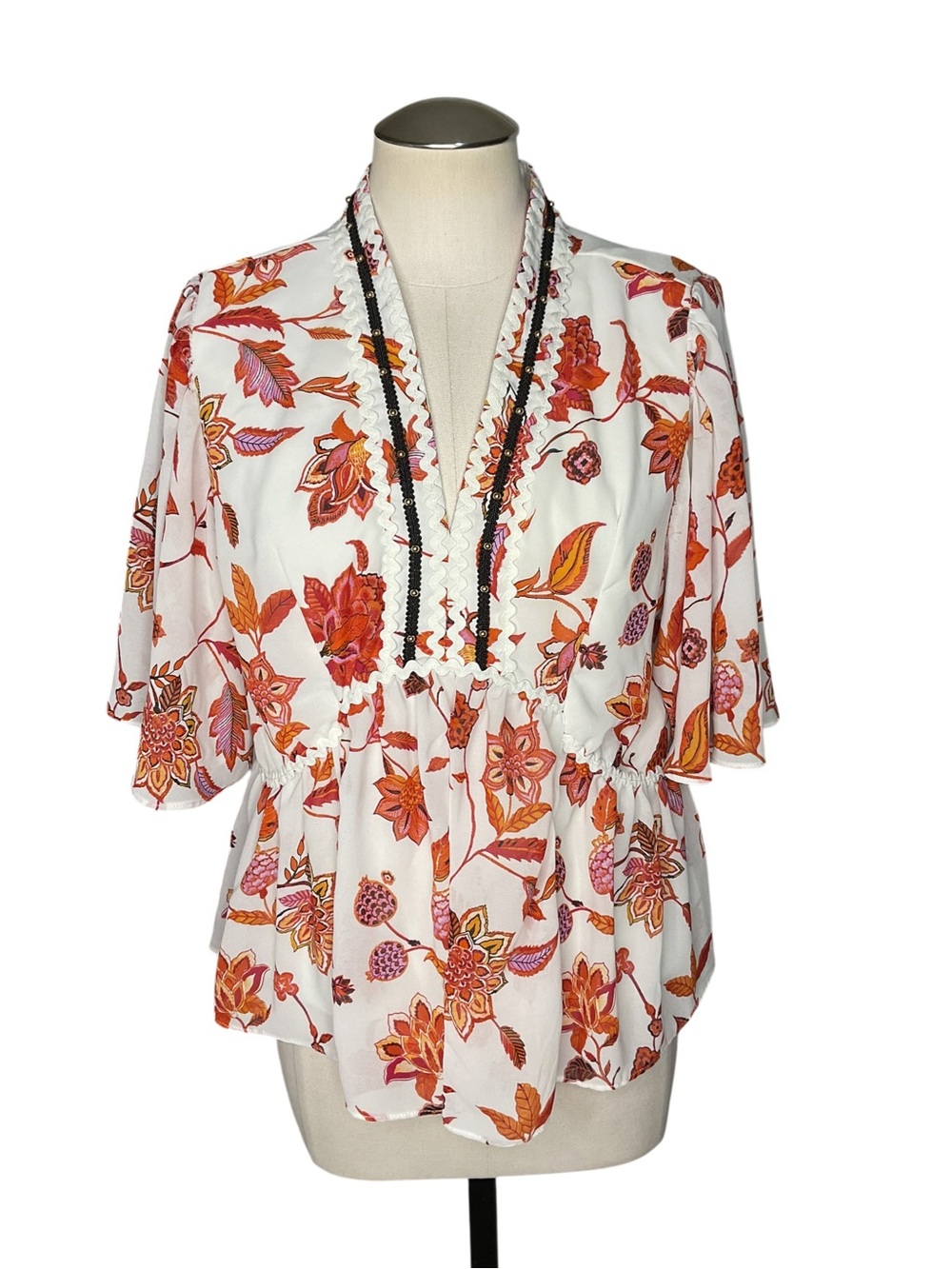 Marc New York Andrew Marc Floral Peplum Blouse L Ric Rac Beaded Boho Top
